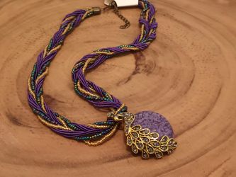 Vintage Bohemian Peacock Style Handmade Beaded Faux Gemstone Necklace & Pendant.