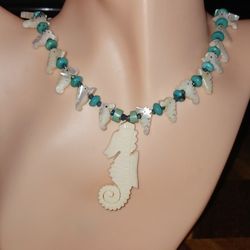 Vintage Carved Bone Seahorse, Apatite, Turquoise, MOP Seahorses, 30" Necklace 