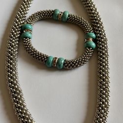 Set Of Silver And Turquoise Necklace And Bracelet 