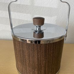 Vintage ATAPCO Faux Wood Grain Ice Bucket With Chrome Lid