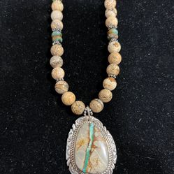 Sterling Silver Navajo Necklace Boulder Turquoise - Picture Jasper 