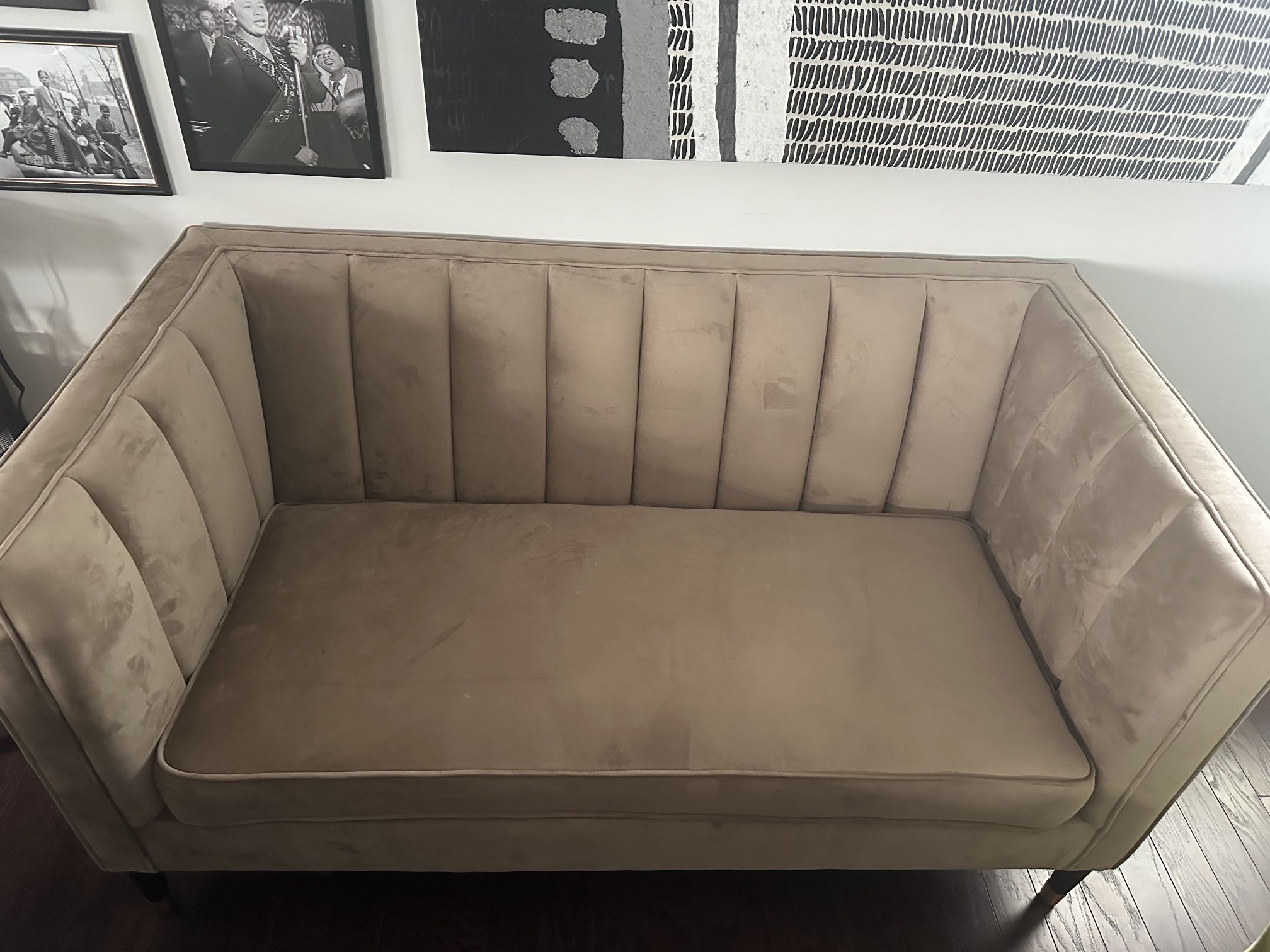 Beige velvet loveseat