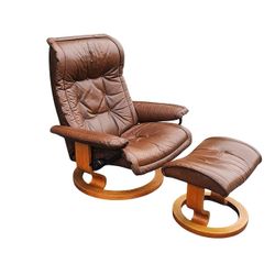 Brown Leather EKORNES stressless Large ROYAL recliner Liunge Chait And Oftoman Brown Leather Teak Wood Base