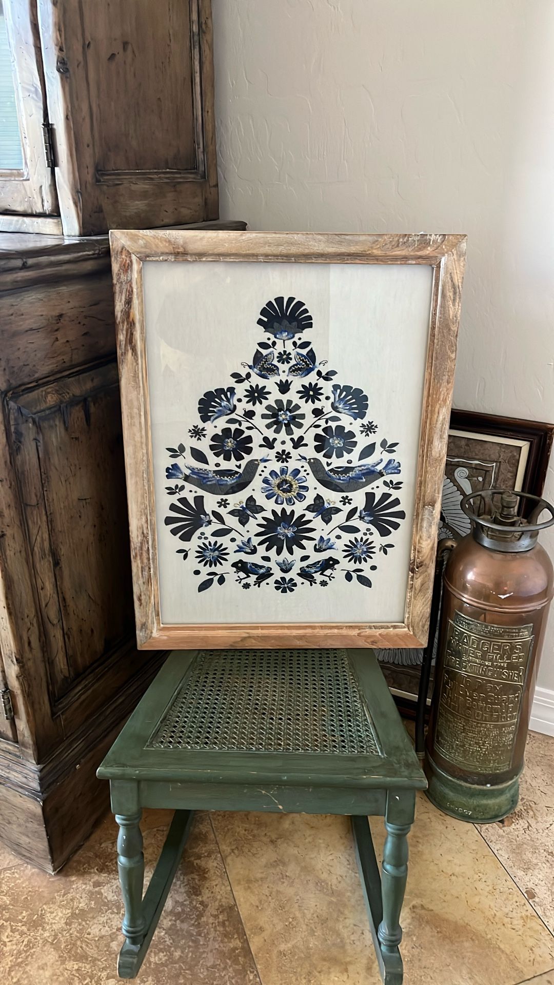 Primitive Embroidered Bird Framed Art Print Antique