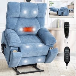 #586-Large Power Lift Recliner Chair for Elderly Dual Motor Chenille Electric Recliners Chair with Massage and Heat for Living Room Blue