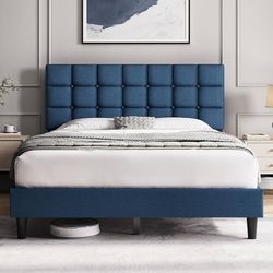 Queen Size Upholstered Tufted Bed Frame with Headboard Sturdy Engineered Wood Frame with Linen Fabric, Navy Blue Features a Soft Tufted Head