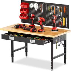 60" Workbench with Drawers, Adjustable Height Work Table, 2000 LBS Heavy-Duty, Rubber Wood, Black,