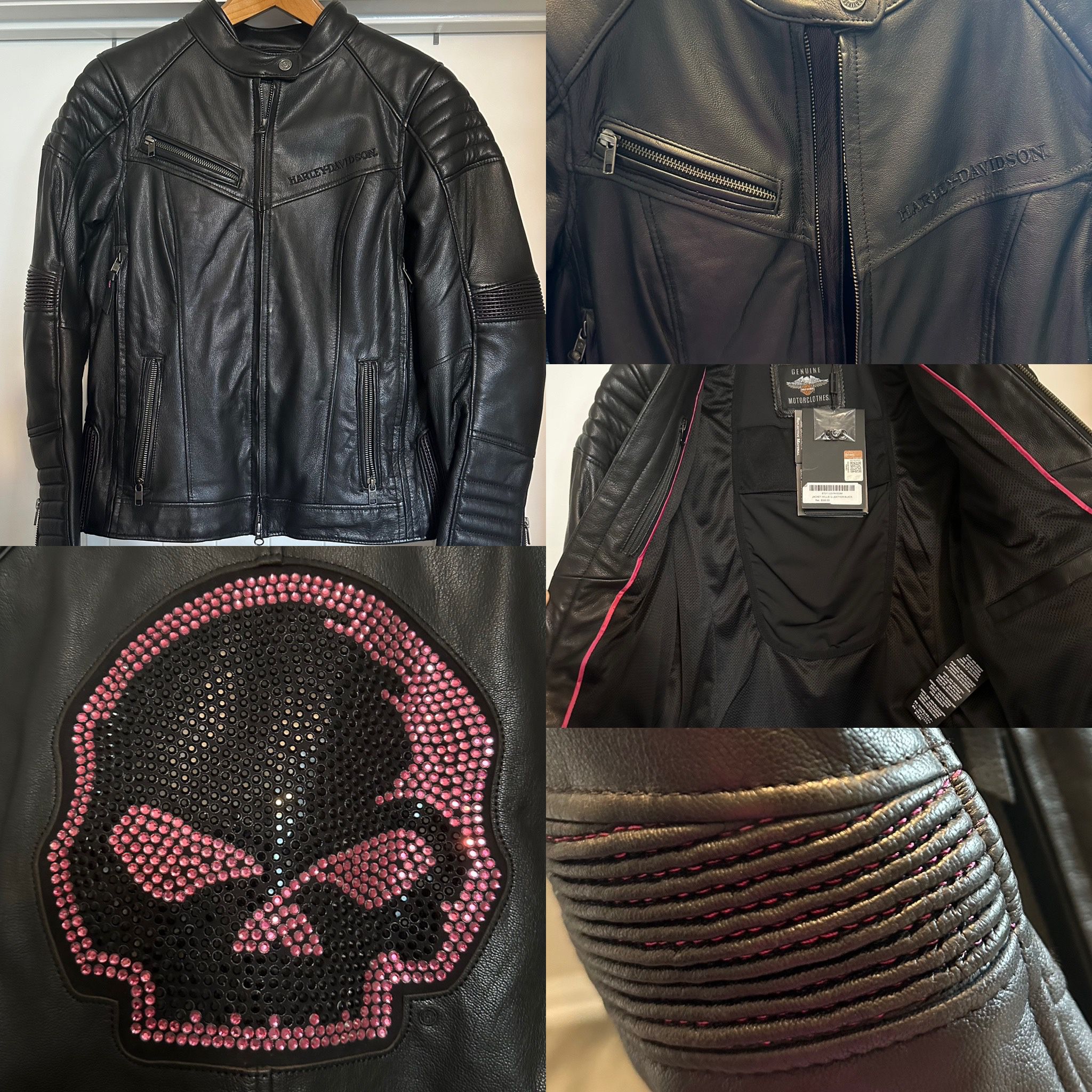 ☠️Harley Davidson Pink Rhinestone Willie G Skull Motorcycle Jacket ☠️