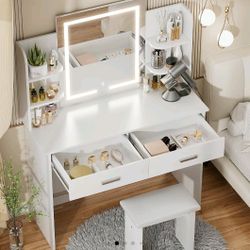 

White Make-Up Vanity Desk wth Cushioned Stool