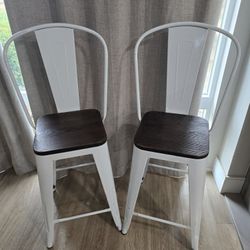 Metal Wood Seat- Set Of 2 White Bar Stools