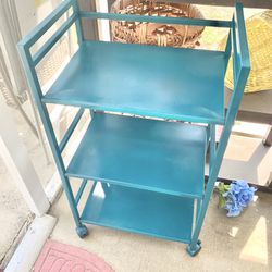 Teal  Metal Rolling Cart great as a plant stand 30 H By 17 W X 1‘ D