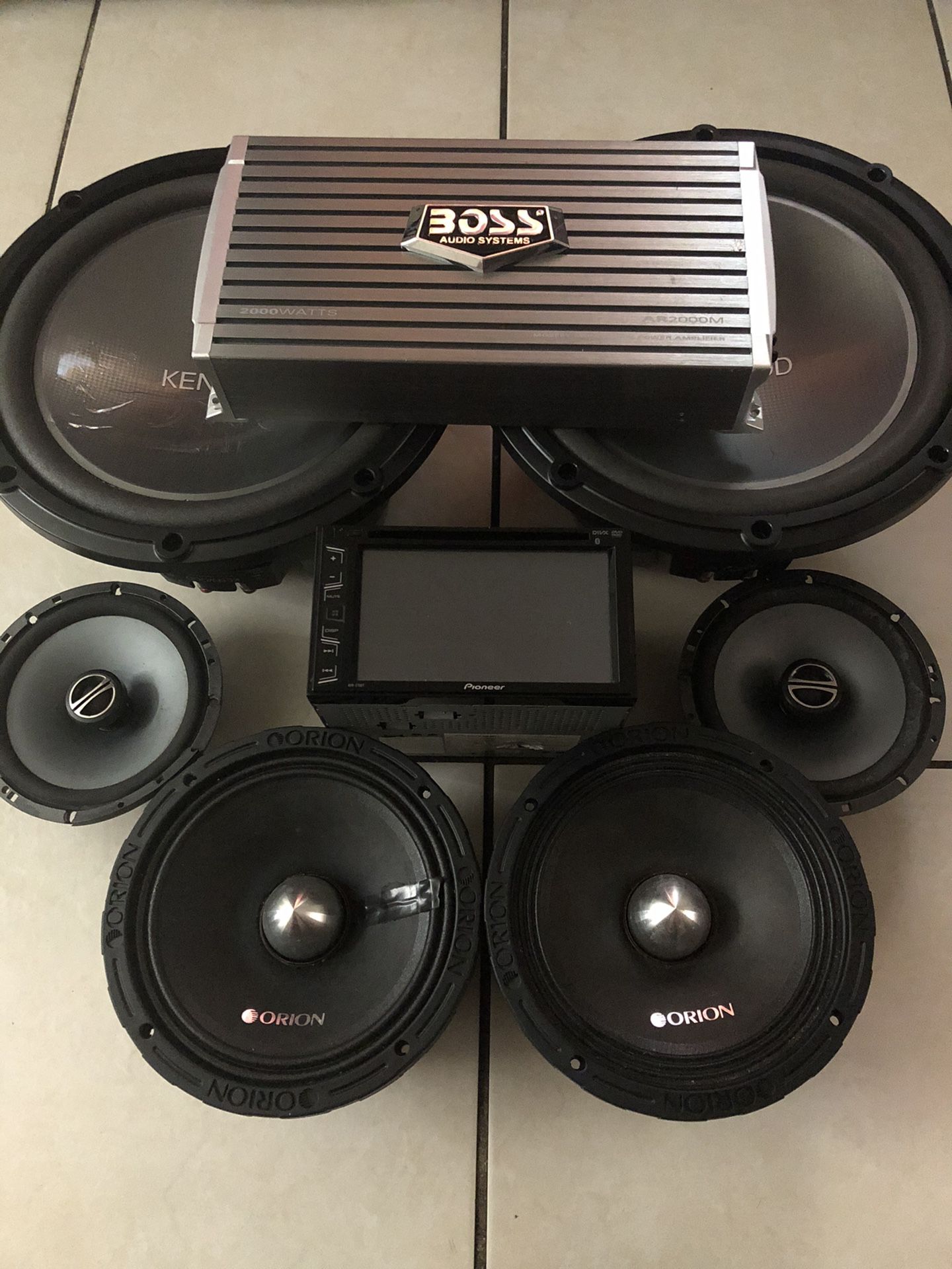Kenwood 12” loud speakers 1200 watts max,Orion 8” midrange loud speakers 1600 watts max, Alpine 200 watts speakers a pioneer touchscreen radio 7” and