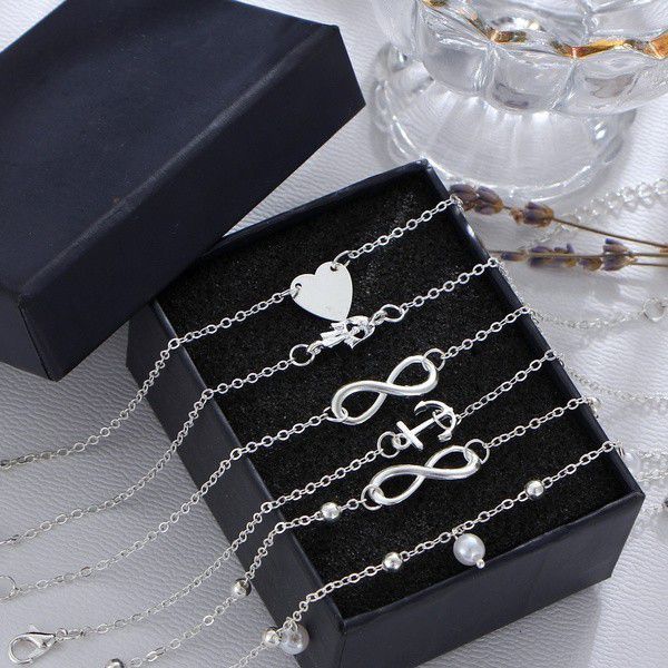 Beautiful 5pcs Heart Infinite Anchor Pearl Sterling Silver Gold Multi Layer Anklets Set