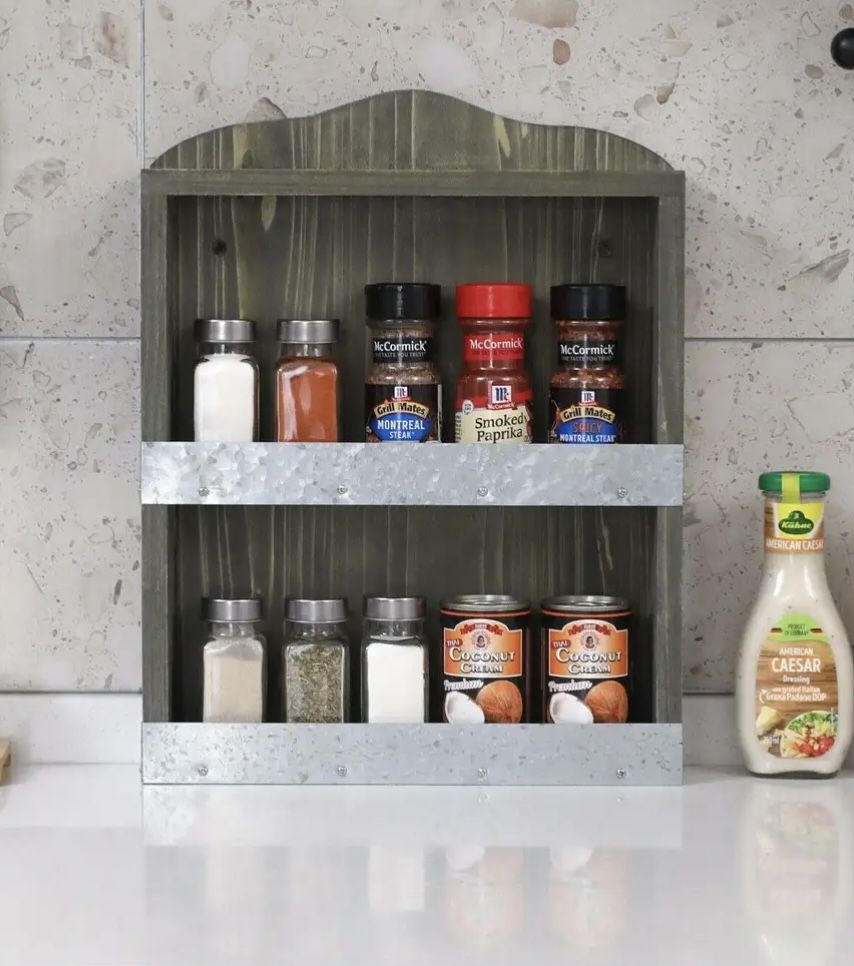 Gray Wood 2 Tier Spice Jar Holder Rack, Seasoning And Condiments Storage Shelves