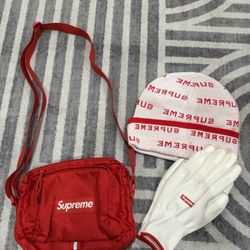Supreme Red Bag, Beanie, and Gloves bundle 