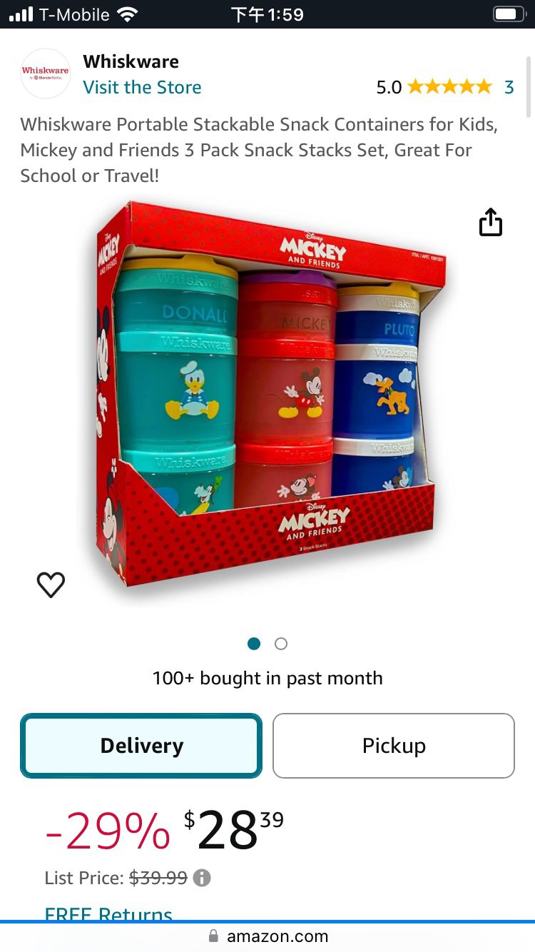 Whiskware Portable Stackable Snack Containers for Kids, Mickey and Friends 2 Pack Snack Stacks Set, Great For School or Travel!