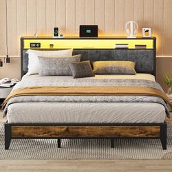 2368a $140  OLEVS King Bed Frame with Headboard, Metal Platform Bed King Size with 2-Tier Storage, LED Light & Charging Station Type C, No Box Spring 