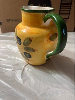 Hand-painted terra cotta pitcher with olive branch and fruit pattern