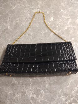 Tiffany and Fred Black Handbag Gold Chain Handle a little worn at the top tiny bit hardly see it 12 x 6 inches 