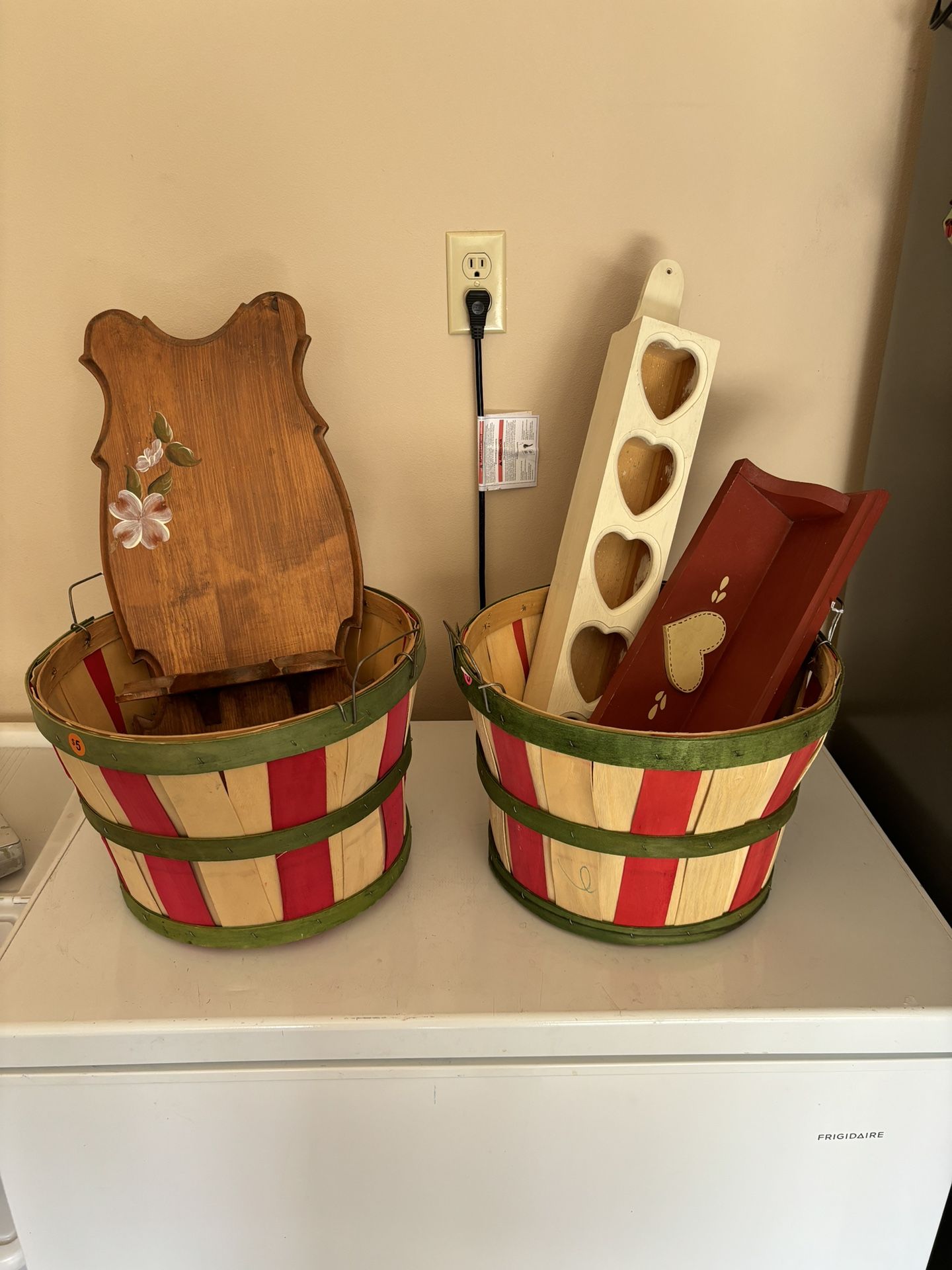 Two Bushel Baskets and 2 home decor wood pieces