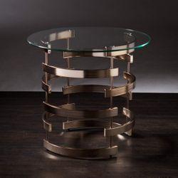 Brand New Contemporary Round Glass Top End Table, Champagne