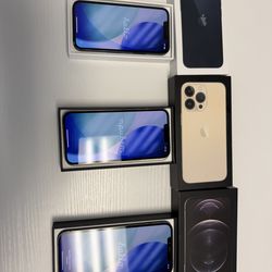 3 Unlocked iPhones – 13 Pro (Gold), 12 Pro Max 256GB, 13 Mini 256GB (All with Boxes)