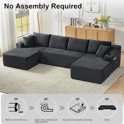 134 Inch Modular Sectional Sofa, Cloud Boneless Couch for Living Room Modern Corduroy Couch w/ Side Pockets & Cup Holders, Oversized 4 Seater Deep Sea