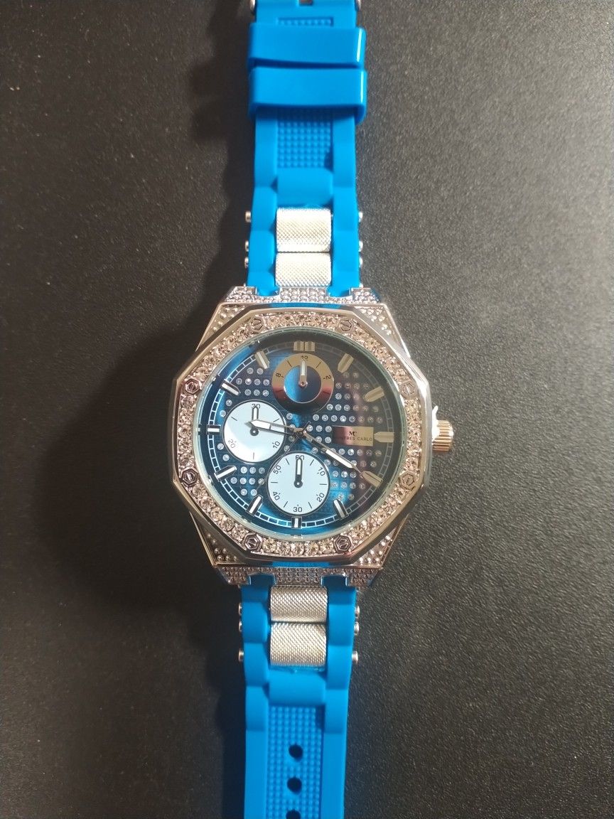 Montres Carlo Silver Blue Bullet Silicone Iced Out Watches New Large Face