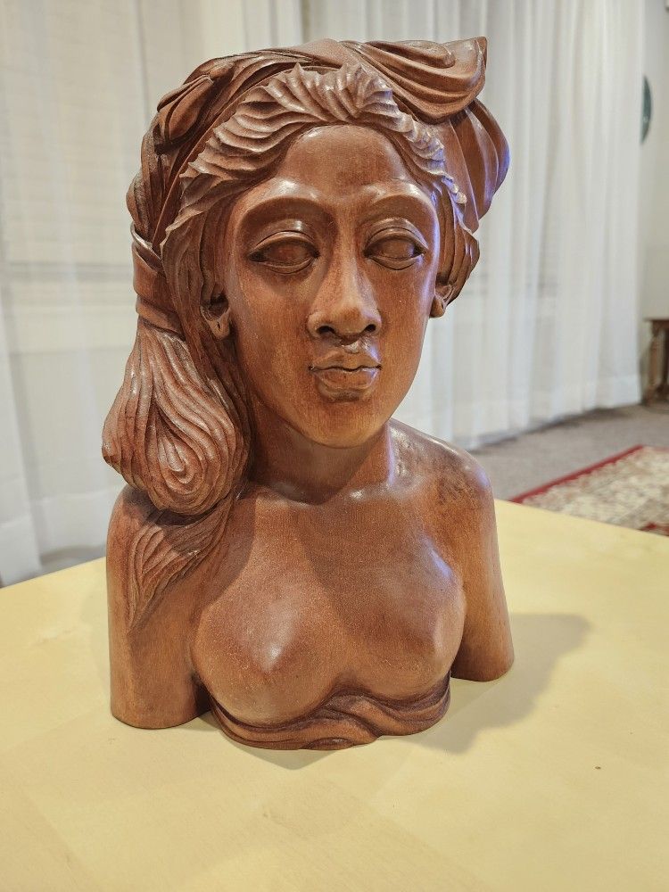 Vintage Curved Balinese Indonesian Bali Nude Lady Bust Wood Curving Sculpture