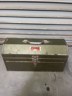 Vintage PARK Green Steel 18" Tool Box - Hip Roof / Tombstone Lid