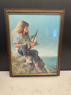Oho "Lands End" Vintage Framed Litho Print on Textured Board 11"x 14" Retro Wall Art Beautiful Cool Colors, Girl with Boat
