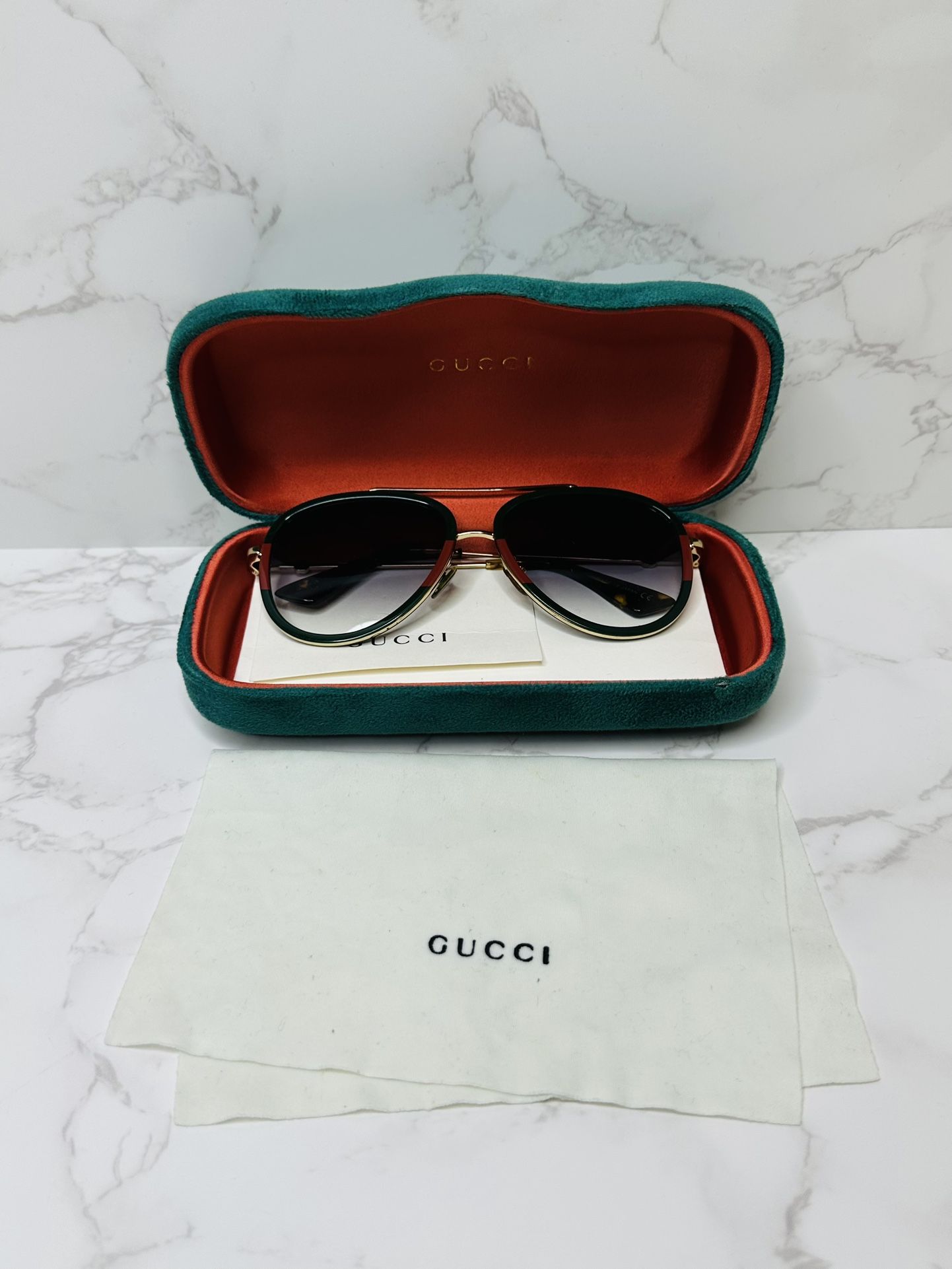 Gucci Women's GG0062S 003 Gold/Green/Red Pilot Sunglasses 57mm