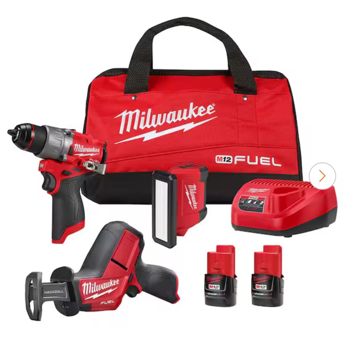 M12 FUEL 12-Volt Li-Ion Brushless Cordless Hammer Drill Combo Kit, Reciprocating Saw, Flood Light w/2 Batteries (3-Tool)