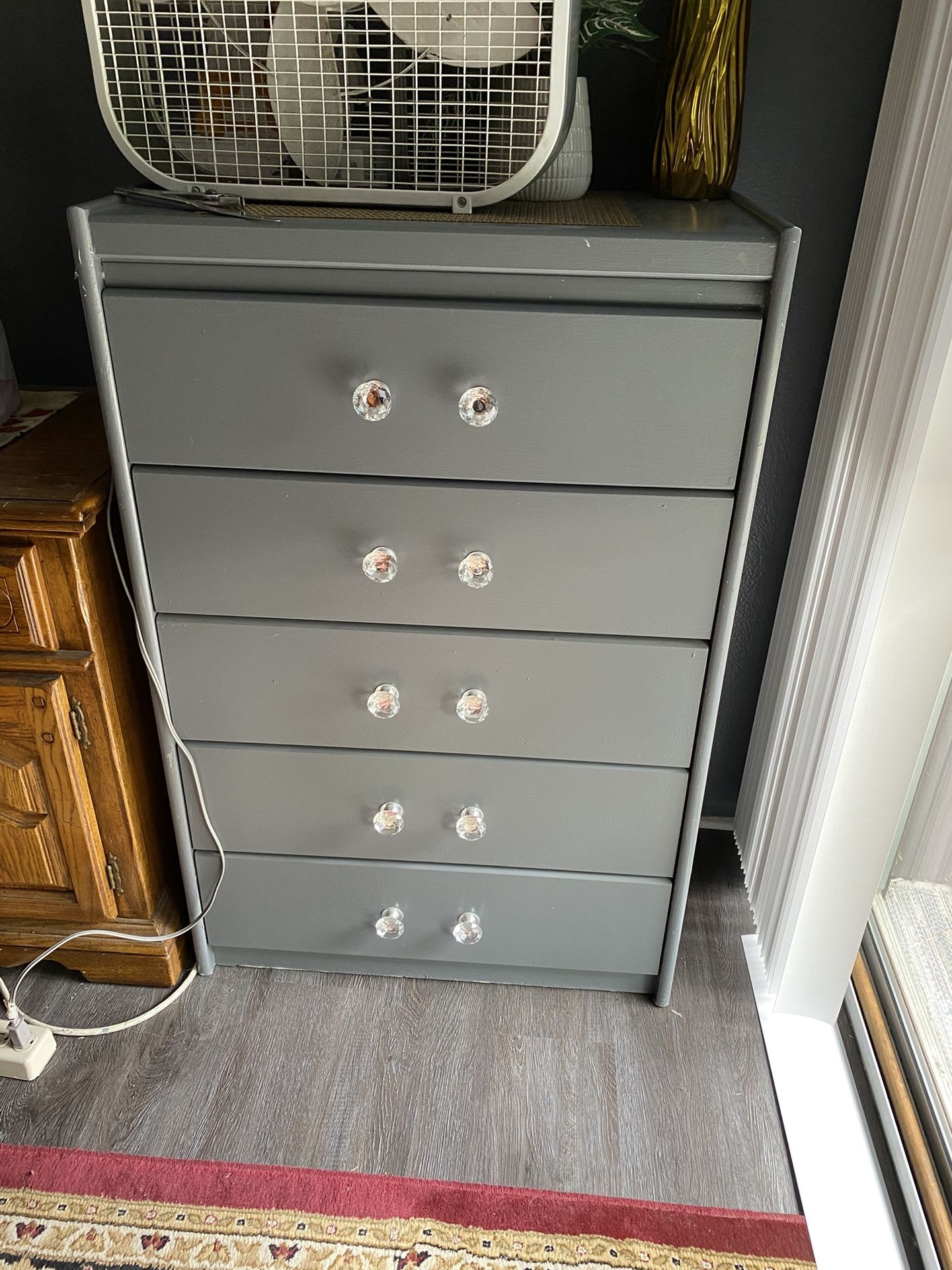 Tall Gray Dresser with Crystal Knobs