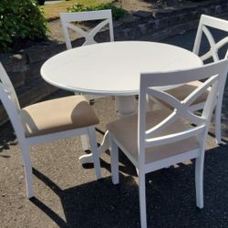 White Drop Leaf Dining Table And 4 X Chairs/ Pedestal/ Round/ Farmhouse/ Country/ Cottage/ Rustic/ Distressed/ Ashley / Bassett  Style