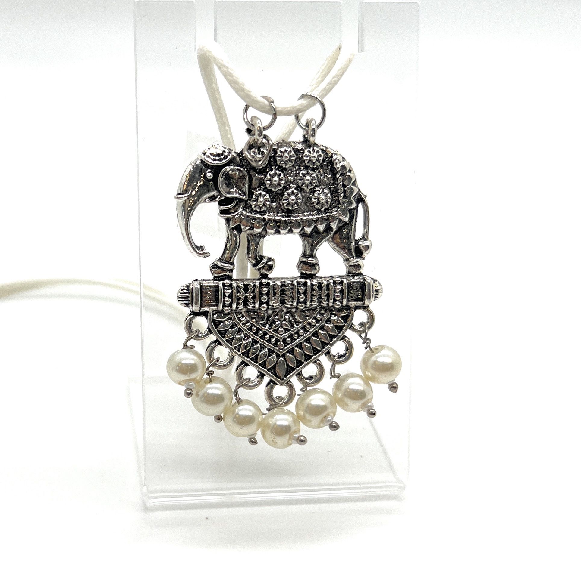 Designer Pendant - Handmade Jewellery -oxidized Ethnic Elephant Necklace With White Beads