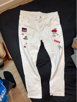 White, black and red pants