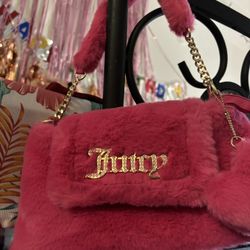 Juicy Couture Fluffy Pink Shoulder Bag Purse w/Sparkle Logo Free Love