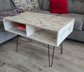 Rustic Distressed White Coffee Table w/ Storage & Hairpin Legs.”