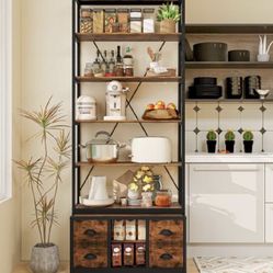 8-Tier Bookshelf with 4 Fabric Drawers & Heavy-Duty Metal Frame - Coffee