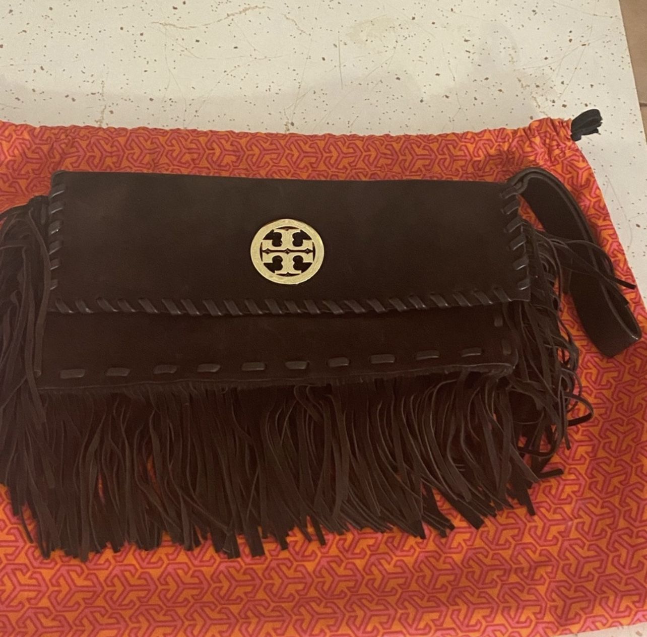 Tory Burch Dark Brown Fringe Clutch Wristlet