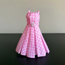 Margot Robbie's Barbie The Movie Doll Dress Pink White Gingham Pleated