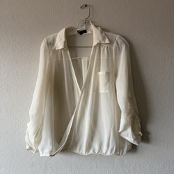 Edge, Women Ivory Sheer Collard Blouse, Size L