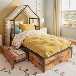 Twin Bed Frame with 2 Storage Drawers, House Bed with Roof & Guardrails