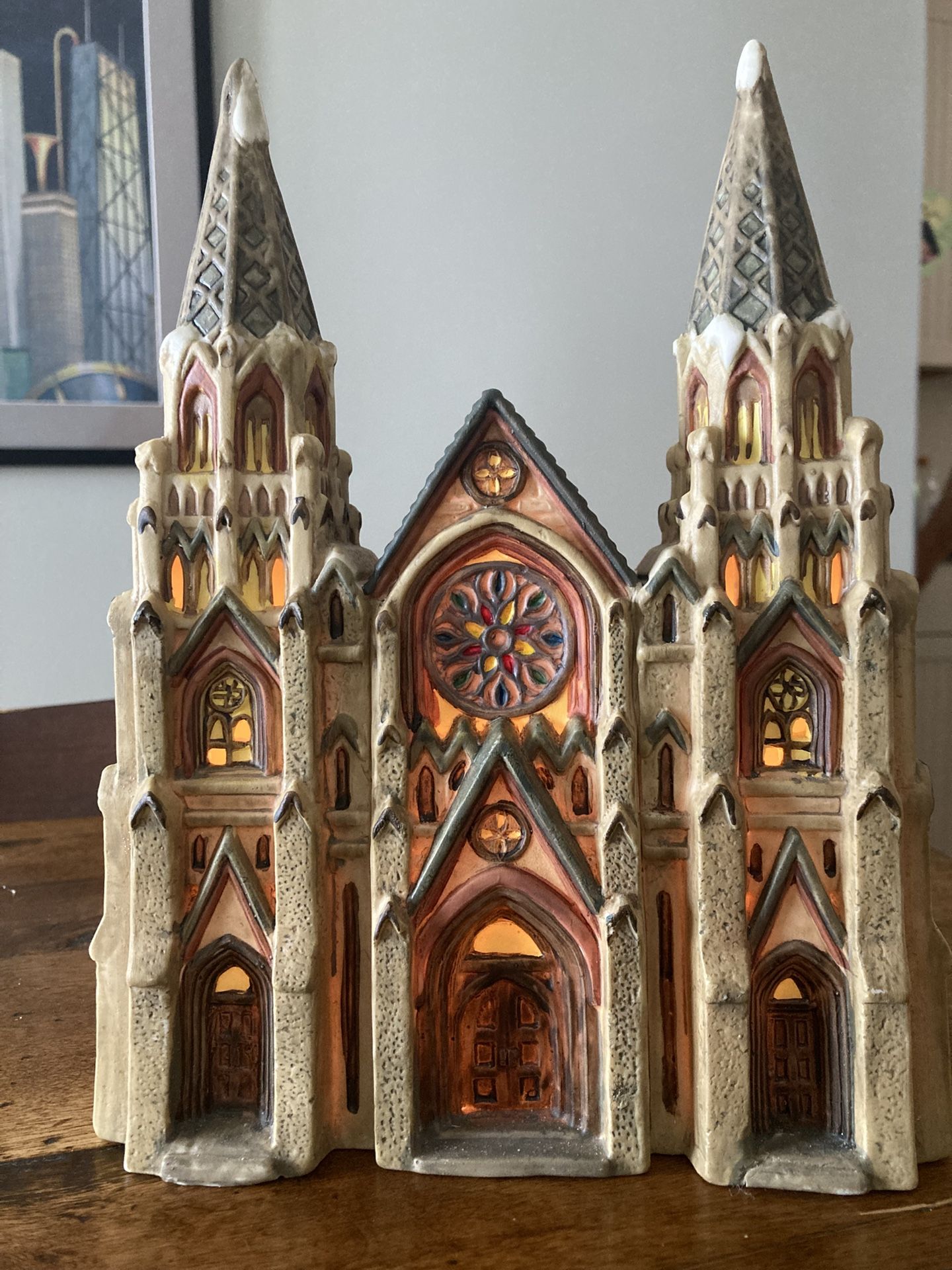 Christmas Lighted Church W/ Stained Glass Windows