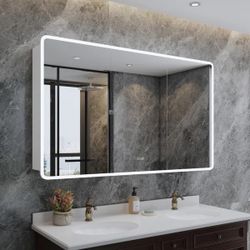 60" W × 32" H LED Medicine Cabinet with Mirror, Dimmable, Surface or Recessed Mount, Adjustable Shelves, Fog-Free, Rounded Edges