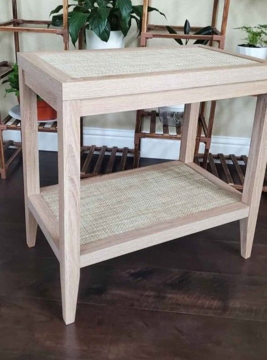New Rattan Nightstand Bedside Table - Farmhouse Boho Narrow Accent End Table with 2 Open Rattan Shelves for Bedroom, Living Room, Small Spaces