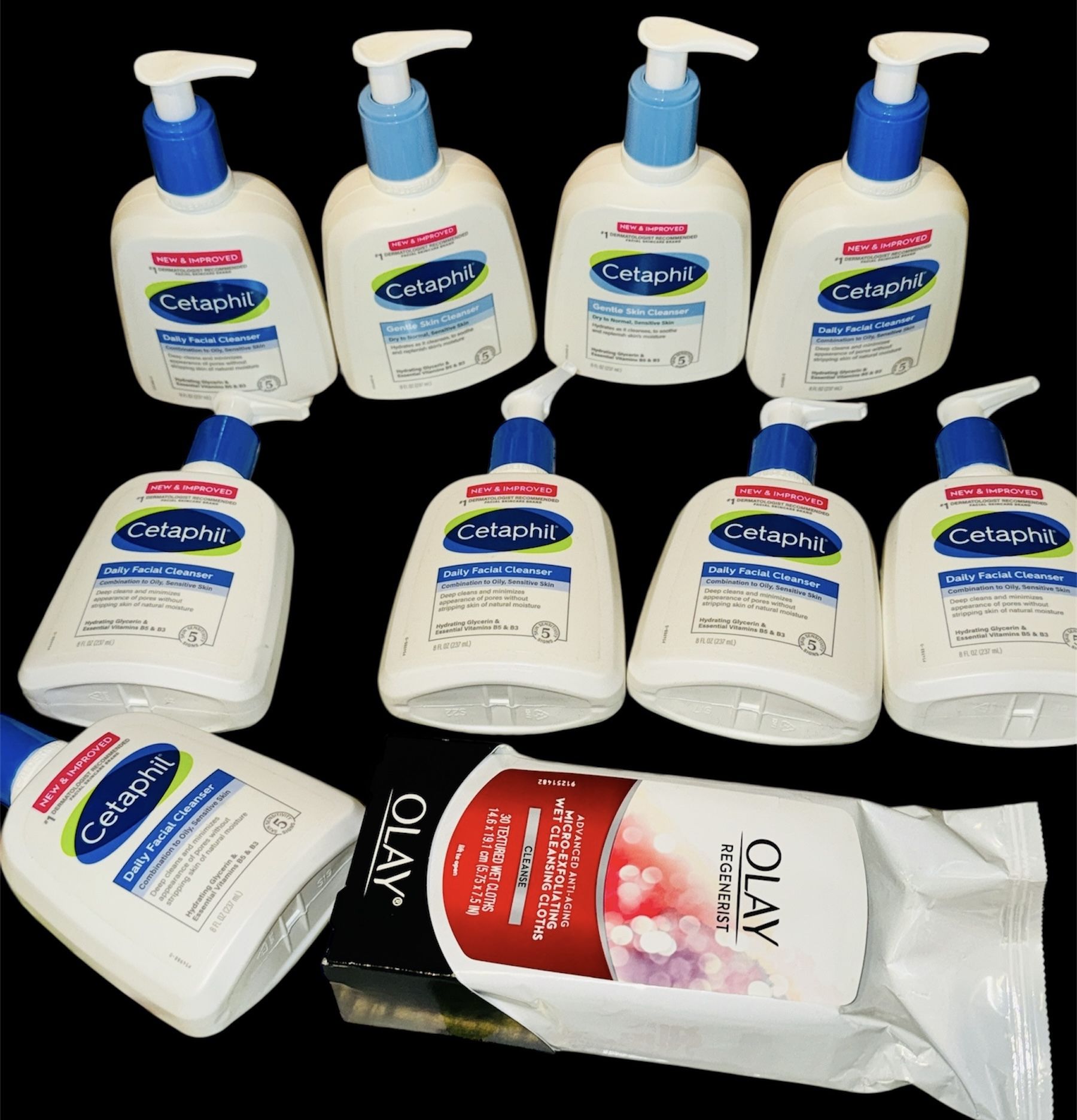 Cetaphil For Gentle Skin and Daily Facial Cleanser(9 Bottles And 1 Free Okay Wipes)