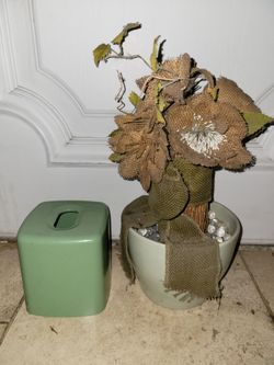 Combo Tissue Box Olive Green & Burlap Blossoms & Ribbon Bow, filler stones in Olive Green Vase