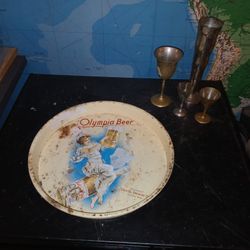 Old Beer Tray And Metal Vases